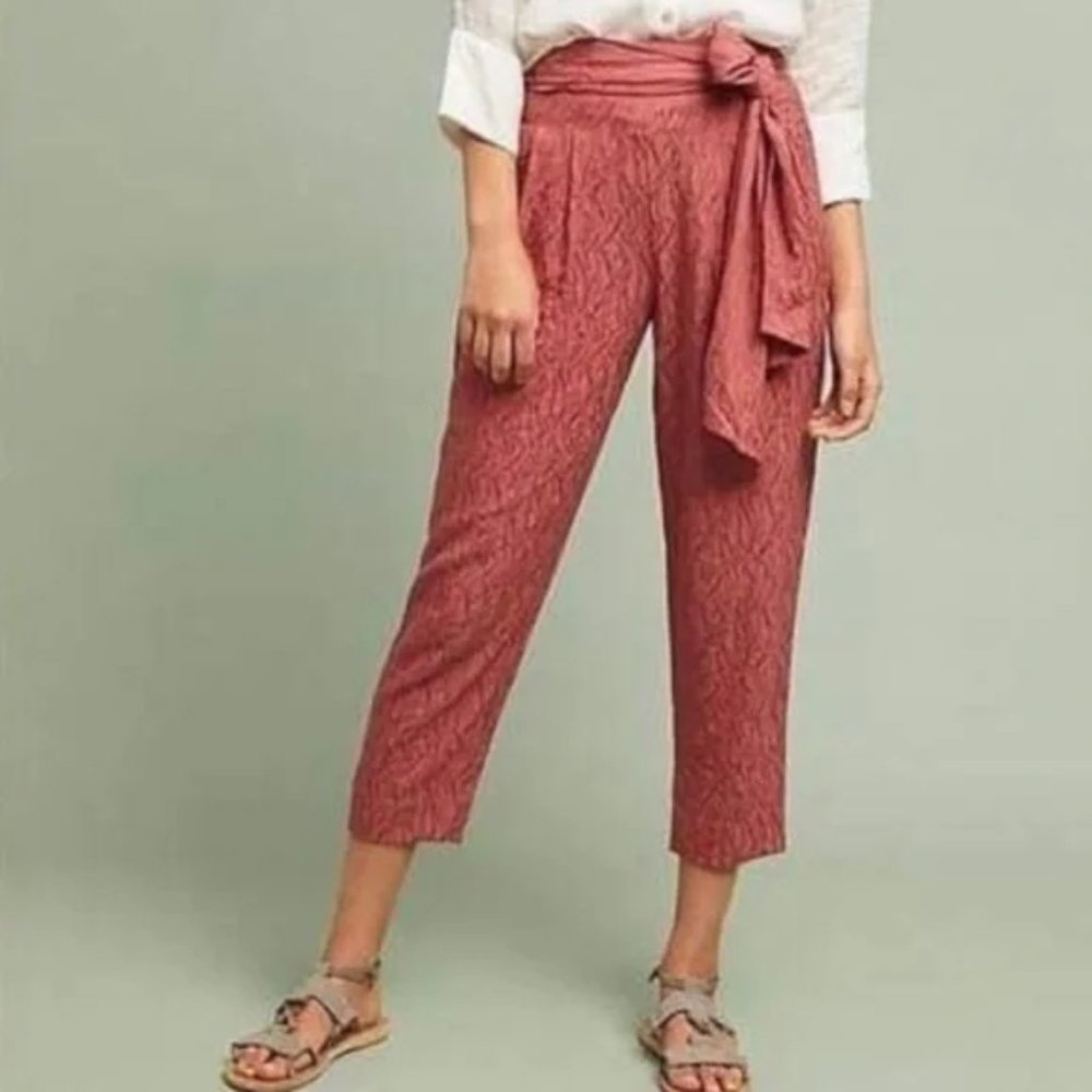Anthropologie Ett:twa Womens Aubade Tie Waist Textured Cropped Pants Sz 6